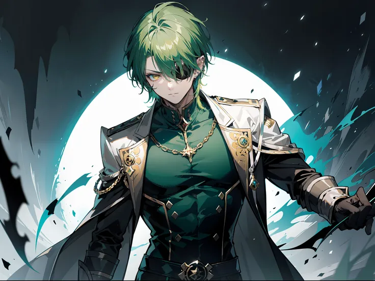 "dark and epic atmosphere. mature male with short and sharp green hair, piercing golden eyes, and an eyepatch. he exudes a formi...