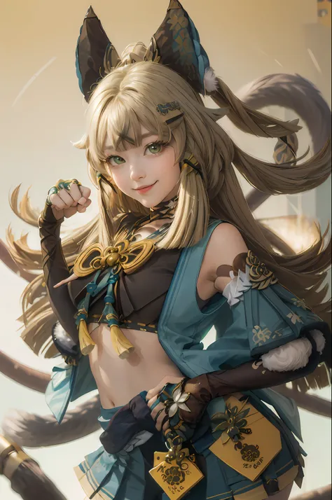 (masterpiece, best quality:1.2), cowboy shot, solo, 1girl, kirara, smile, looking at viewer, (paw pose:1.1), ahoge, hair ornament, animal ears, detached sleeves, miniskirt, (gloves:1.1), tassel, midriff
