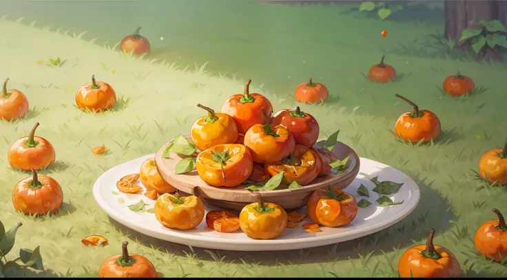 tmasterpiece，high high quality，best quality at best，some persimmons，scattered on the grass