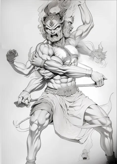 Three heads and six arms of Ming Wang Lux,Angry and mighty warriors,Tiger leather skirt at the waist,Hair stands upside down like fire,The contour lines of the body are on fire,The sky behind him is covered with flames,Light,get angry