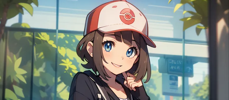 create a background with a girl in a cap, segurando um chaveiro(pokemon criatura) e sorrindo