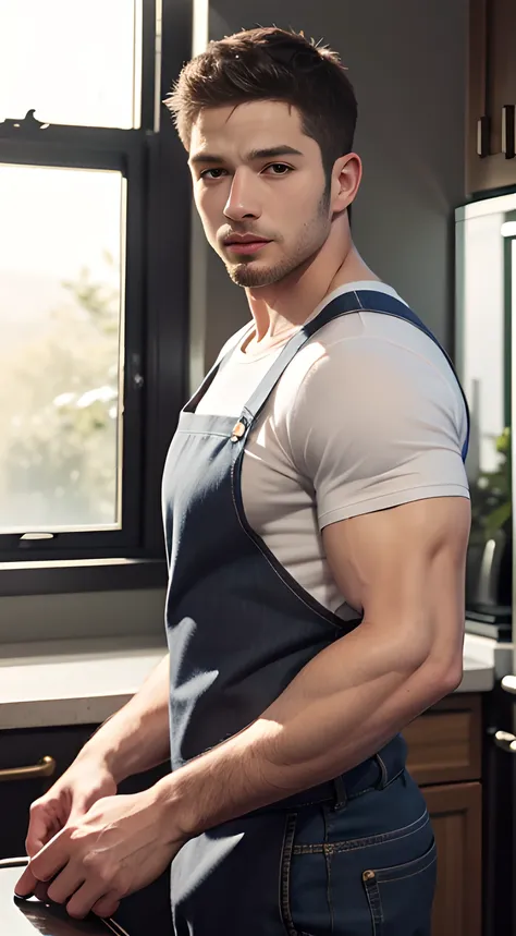 ((men only)), (cowboy shot), (handsome muscular man in gray apron in the kitchen), chris redfield, mischievous smile, (detaile: ...