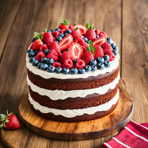 there is a cake with fruit on top of it on a wooden board, yummy, healthy, cake art, made of fruit and flowers, pastry, animal -...