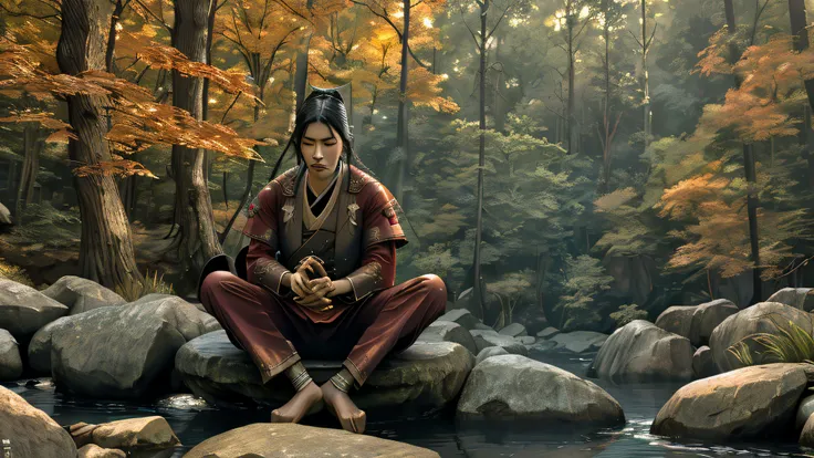 beautiful samurai, meditating sitting, on the edge of a river full of stones, at sunset, ultra realistic photo, perfect face det...