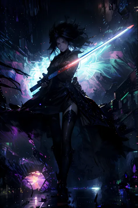 anime girl with sword futuristic city with lights, cyberpunk anime art, digital cyberpunk anime art, anime cyberpunk art, badass...