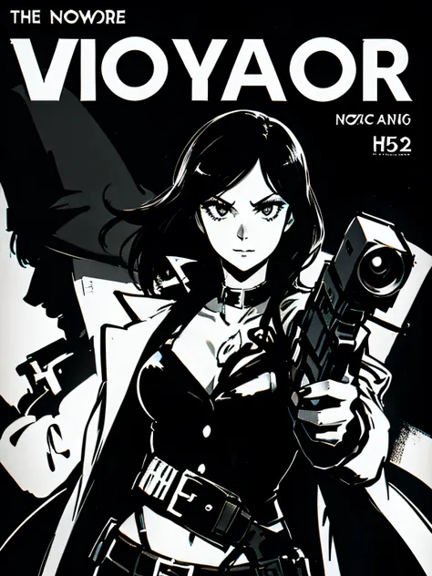 (Noir Comics-style illustration:1.2),(Black and white_High contrast),girl with,Holding a gun