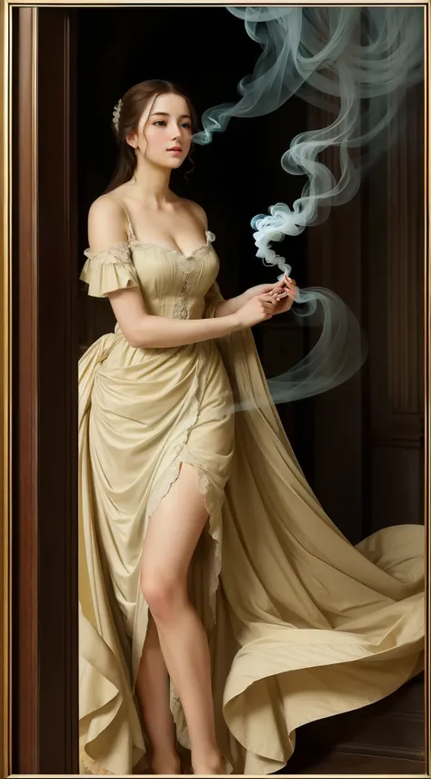 (Peerless beauty, Beautiful, Dreamy wind, Literary classics, Romantic feelings) European and American art style photo,Renaissance,Wearing a naked,The mysterious beauty of smoke spreading。