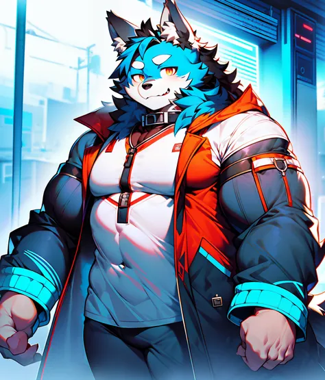 coyote，furry，blue pattern，black hair，musculature，muscle men，nakeness，strong，ultraclear，has a large ，collar，black  shorts，black s...