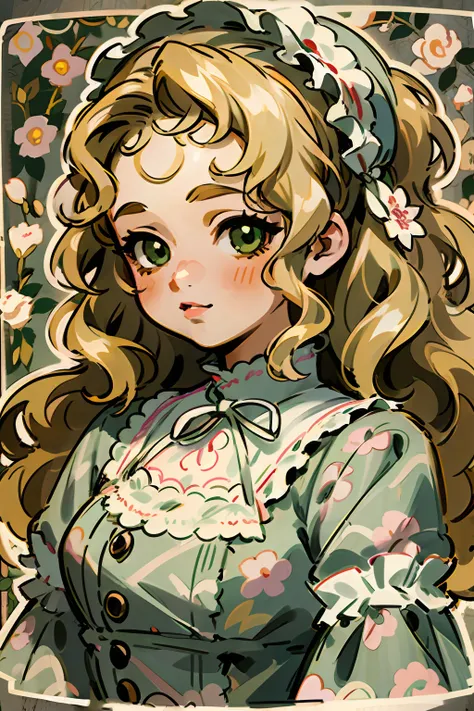 1girl, loli, green eyes, blonde hair, forehead, (wavy hair), long hair, headband, pearls, beige dress, ((lolita dress)), ((flora...