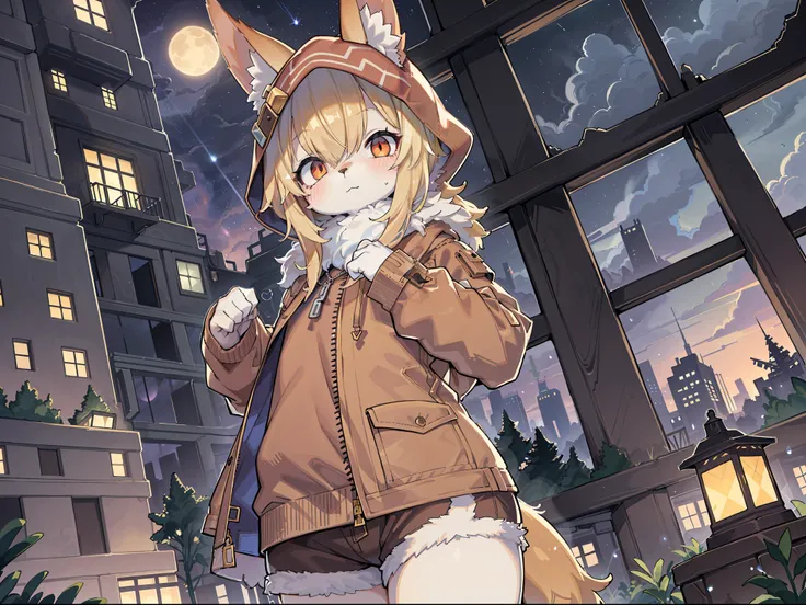 Shota the fox,hairy pubic,shaggy,Skin fur,Golden fur,Golden yellow face fur,Short straight blonde hair,Eyes have light,Red eyes,Brown elements on fur,Brown coat brown hood up,Star pattern white top,brown shorts,Beautiful lights and shadows,Ambient light,Ul...