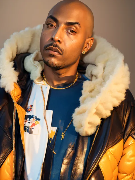 1rapper with Bald hair, Unique mink Fur Jacket (Virgal Abloh) (H R Gigger), fog, detailed and realistic image, amazing composition with vintage scenery with abstract shapes, abstract minimalist background with tentacles, melt, drip, yoshitomo nara:1.5, wes...