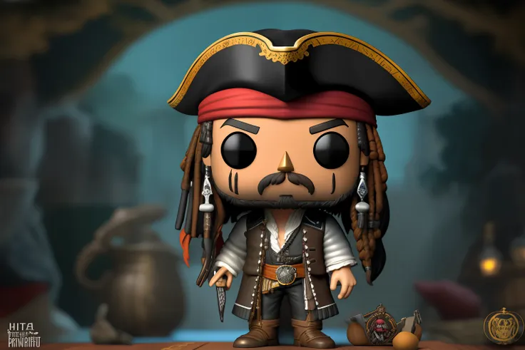 {{a mini funko pop of johnny depp portraying jack sparrow}}, set in the pirates of the caribbean movies. this image draws inspir...