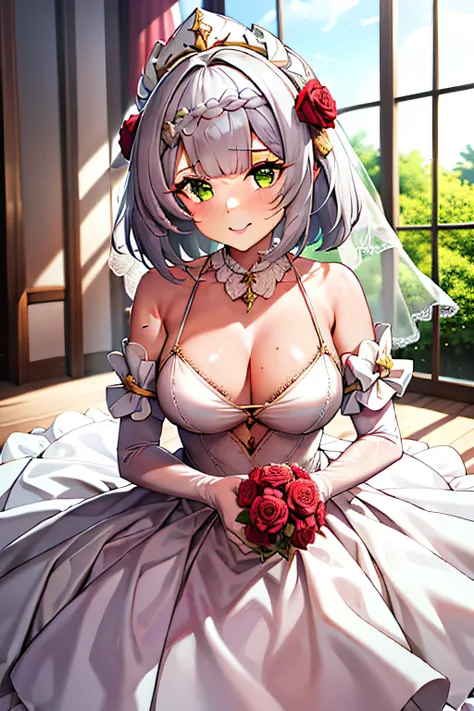 noelle (Genshin Impact),((Masterpiece)), (((Best quality))), ((Ultra-detailed)), ((illustration)), ((Disheveled hair)), ((frilld)), (1 girl), (Solo),   Yellow-green eyes ， Blush ， Bob cut ， bow ， Clothing， Collar (clothes) ， dress， Elbow gloves ， Exposed s...
