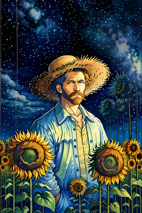 oil-painting, Directed by: Van Gogh, Colouring, abstrato, fundo abstrato, obra-prima, melhor qualidade, papel de parede ultra detalhado, Um homem velho, wearing a straw hat, milharal, tree, estrela, surreal dreamscape, Sunflowers, noite, 4k