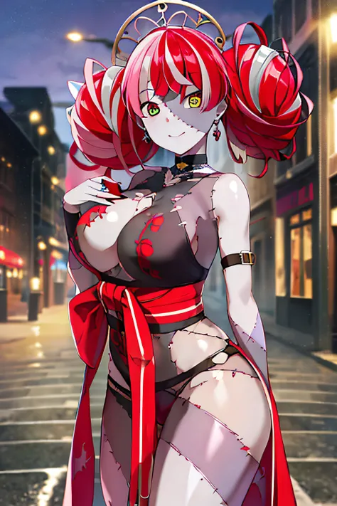best quality, 4K wallpaper, masterpiece, extremely detailed CG unity 8k wallpaper, extremely detailed eyes, ultra-detailed, 1girl, solo, medium breasts, Ollie, zombie_skin, multicolored hair, multicolored eyes, twintail hair, earrings, style-bridal, outdoo...