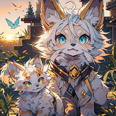 anime cats in the minecraft game，gold and blue eyes，white hair，the ears are blue hairs， very very beautiful furry art。set agains...