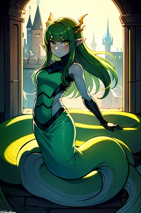 1girll, Lamia, scutes, The body of the snake，nakeness, full bodyesbian, Original Character, volumettic light, Best shadow, shallowdepthoffield, Stunning beautiful girl, Petite, Delicate, beautiful attractive face，the complex background，gloomy castle