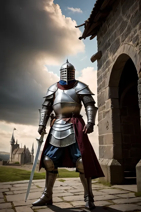 photorealistic, top quality, masterpiece, cinematic composition, slow motion, (medium shot of a medieval knight, sombre and weathered face, beard, grey hair:1.2), chain mail and plate armour, (realistic and detailed|intricate armour:1.1), (visible face:1.3...