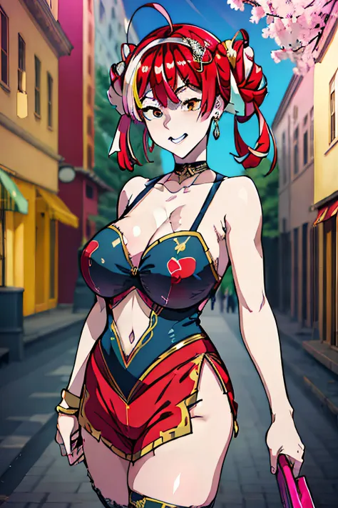 best quality, 4K wallpaper, masterpiece, extremely detailed CG unity 8k wallpaper, extremely detailed eyes, ultra-detailed, 1girl, solo, medium breasts, Ollie, zombie_skin, multicolored hair, multicolored eyes, twintail hair, earrings, style-bridal, outdoo...