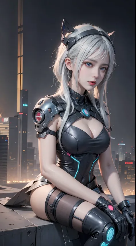 a silver-haired woman sits on the wall， anime cyberpunk art， cyberpunk anime art， female cyberpunk anime girl， cyberpunk anime g...