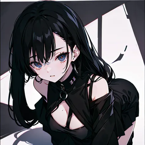 1girll,utmost+Beautiful+meticuloso_the face,utmost+Beautiful+meticuloso_The eye,The upper part of the body,closeup cleavage,cyberpunk backgrouns,sketching,solidcolor,A woman in a black shirt and black dress,Minimalist style,Wear elegant casual clothing,Boo...