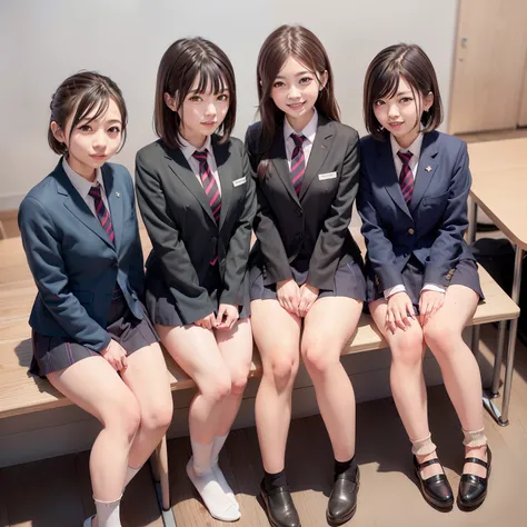 three girls in school uniforms sat on chairs in the room, japanese school uniform, seifuku, wearing a japanese school uniform, j...