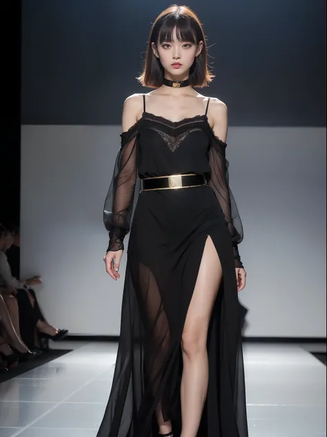 (Best quality, 8k, 32k, Masterpiece, UHD:1.2),Photo of Pretty Japanese woman, 1girl, (medium-short dark brown hair), double eyelid, fashion model, beautiful legs, unique maxi very wet black dress with slit, off-shoulder, gold belt, choker, stand tall, runw...