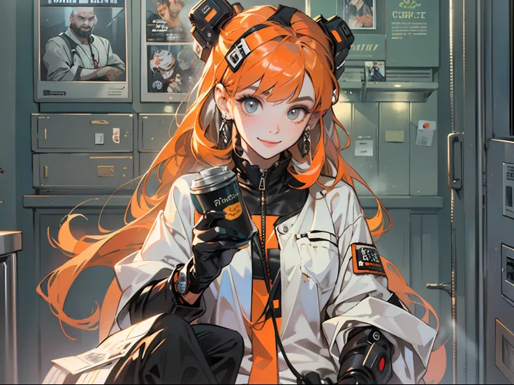 Best quality,tmasterpiece,Ultra-high resolution fills the picture,Indoor at night,Cafe in the sky,Orange color scheme for the café,There was coffee and beer,Cans,the night,inside in room,Coffee machine,Coffee lockers,Orange neon color scheme,Silver-white h...