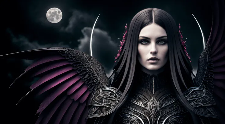 ornate, intricate details, beautiful dark angel, beautiful face, gothic style, hyper-realistic fantasy art, digital illustration, black colorful, moon scene, Perfect anatomy, Studio photo, Rich color, Sensual, Fantasy, Photorealistic, Ultra detailed, Vibra...