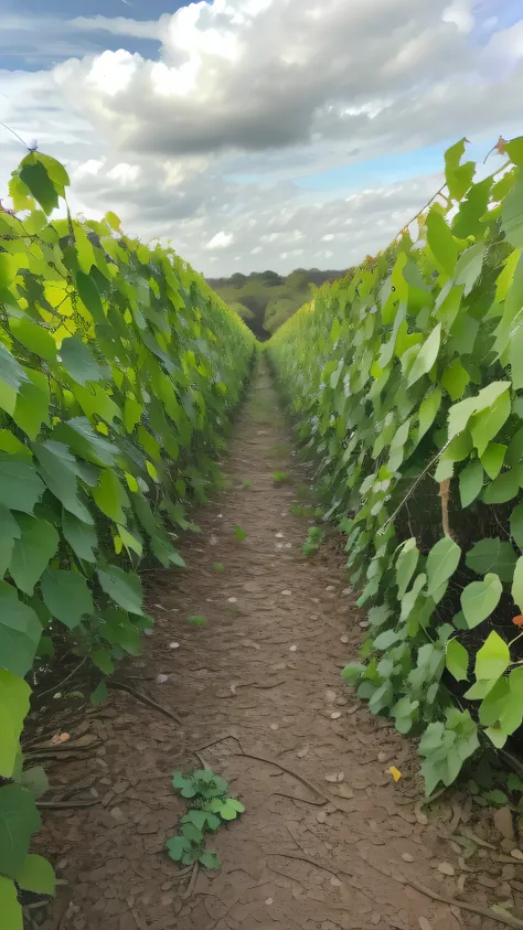 A closeup of a field of plants with a sky background, rows of lush plantations, trepadeiras espessas e densas, fileiras imaculadas de colheitas, lots of cotton plants, vinhas grandes, trepadeiras longas, connected to nature via vines, pequenas e densas vin...