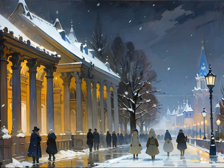 ((palace)), columns, ((night)), darkness, evening, lights, ((russia)), ((19th century)), carriage, snowing, winter, (renoir), (m...