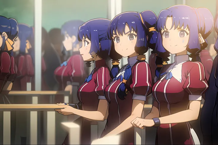 masterpiece, best quality, ((thousands of, millions of, crowd of)), +100girls, identical sisters, clones, rana, grey eyes, blue hair, long hair, braid, side ponytail, smile, simple background