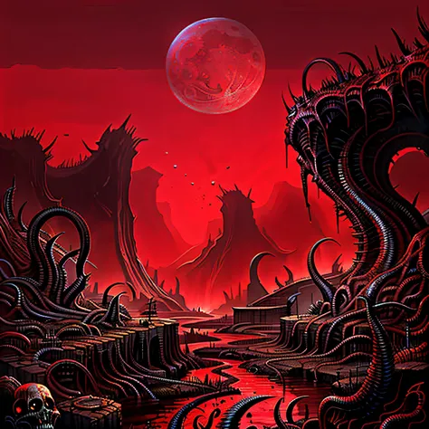 "a mad evil landscape。tentacles rise from the abyss，polluted rivers，a graveyard of horrors，blood-red moon，hyper-realistic engine...