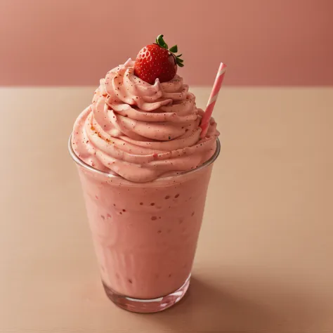 raw photo, strawberry milkshake, food photography, professional colour grading, soft shadows, no contrast, clean sharp focus, fo...