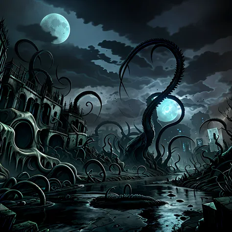 madness evil landscape. tentacles rising from the abyss, polluted river, macabre cemetery, bloody moon, unreal engine, uhd sketc...