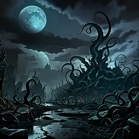 madness evil landscape. tentacles rising from the abyss, polluted river, macabre cemetery, bloody moon, unreal engine, uhd sketc...