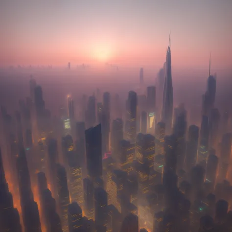 sunrise and a mega city with tall buildings on the horizon from afar.