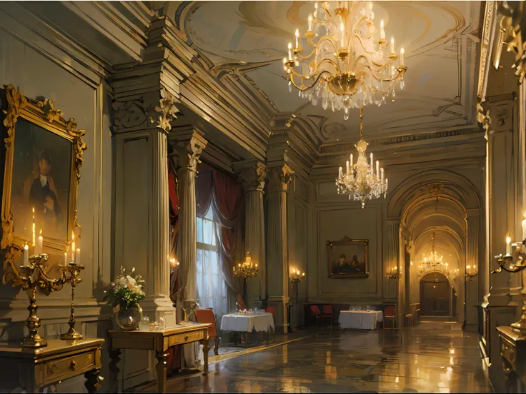 ((ballroom)), ((candle lights)), (columns), chandeliers), (crystal), (marble), (gold details), ((caracole)), (curtains), (19th c...