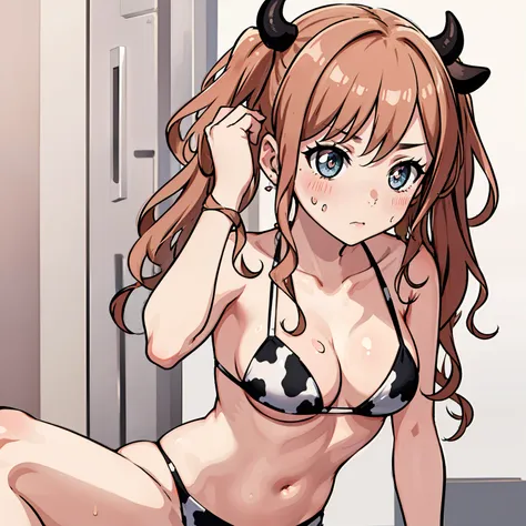 cow print bikini, hair in twin tails, sweaty, blushing