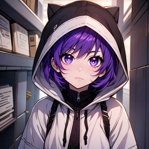 purple hair, short hair hair, dilated pupils, purple eyes, purple eyes, hood, shy up, blush, bored, surrealism, highly detail, a...