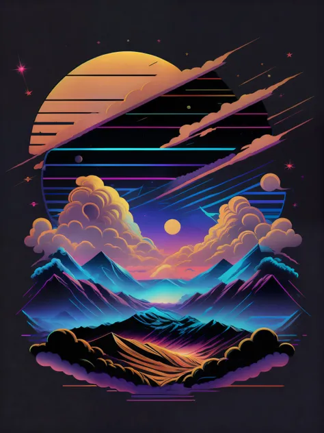 interstellar clouds, 80s vector image, T-shirt design, isolated, black background, blue orange illustration and purple only