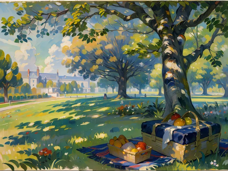 ((a tree)), ((oak)), ((ombre)), ((blanket)), ((picnic basket)), grass, flowers, estate, palace, columns, ((19th century)), (reno...