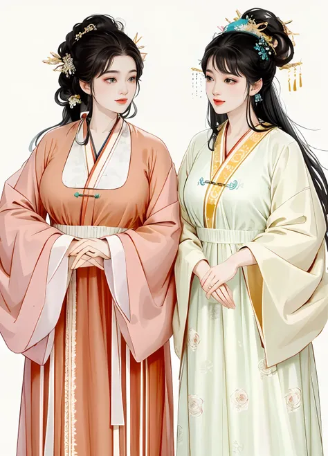 Two women，A face is large and round、The arms are thick，Wide shoulders，Thick waist，Very fat，Very obese、Yellow-black complexion，Another woman has a small face，Very skinny，Thin waist，Thin arms，white complexion，Two women holding hands，All confident、generous、Ha...