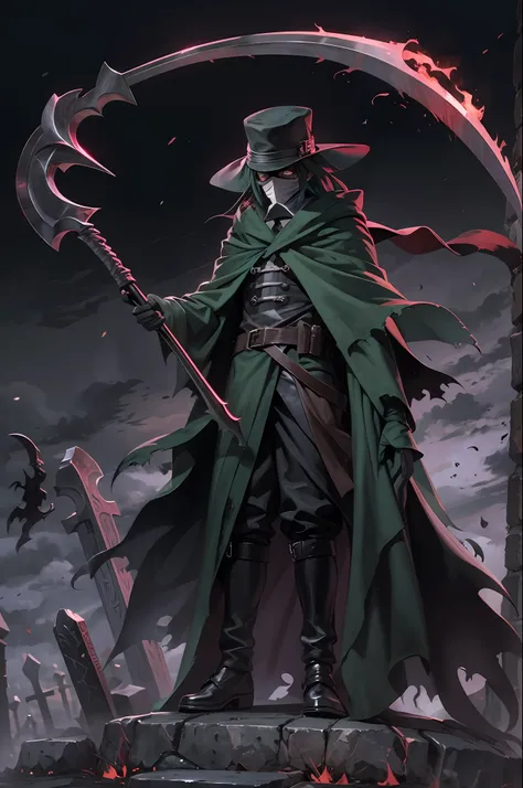 "izuku_midoriya as grim_reaper wearing plague_doctor_clothes, holding_menacing_scythe, standing cementary, bathed crimson_moonli...