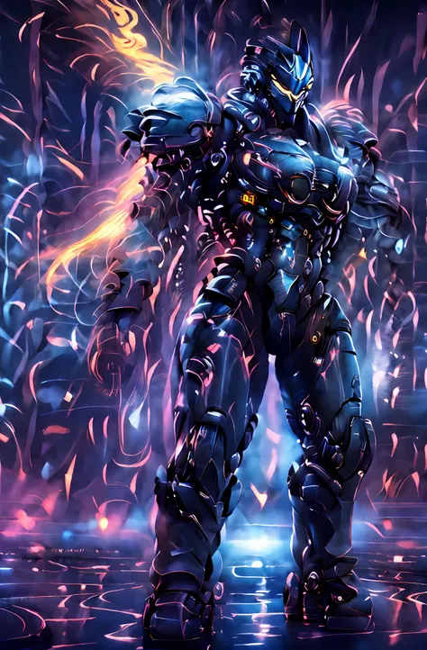 helmet,Blue power armor, battle, Hold the lightning, Light, Futuristic city, Glowing, Fire, Best quality