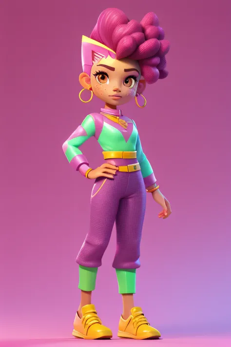 3dcharacter,1 girl, adult maldivian woman, freckles, hazel eyes eyes, pink frohawk, ,jammers,(full body:1.2),simple background, masterpiece,best quality,(light plum gradient background:1.1)