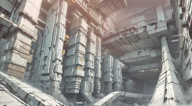 A cidade em "Blame!" features unique and impressive features. Its shape is colossal and labyrinthine, composta por camadas infinitas de corredores, passages and structures extending to the horizon. The architecture is complex and confusing, with a mix of f...