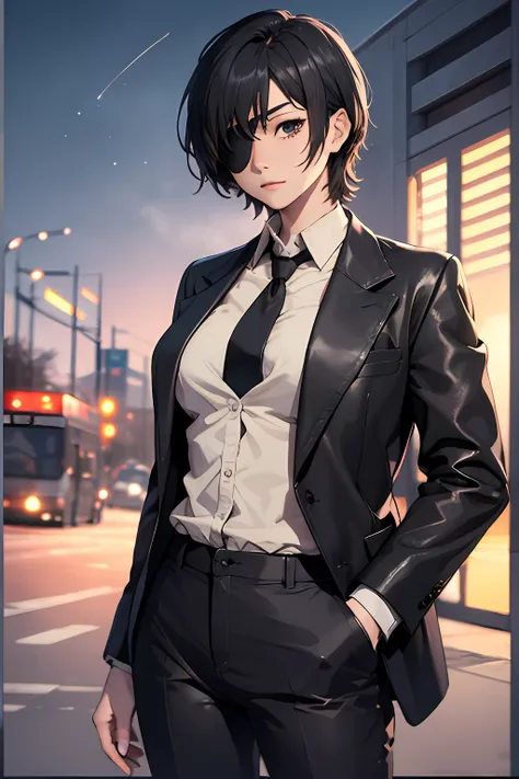 masterpiece, best quality, highres, hmn1, eyepatch, breasts, necktie, collared shirt, black jacket, black pants, cowboy shot, st...