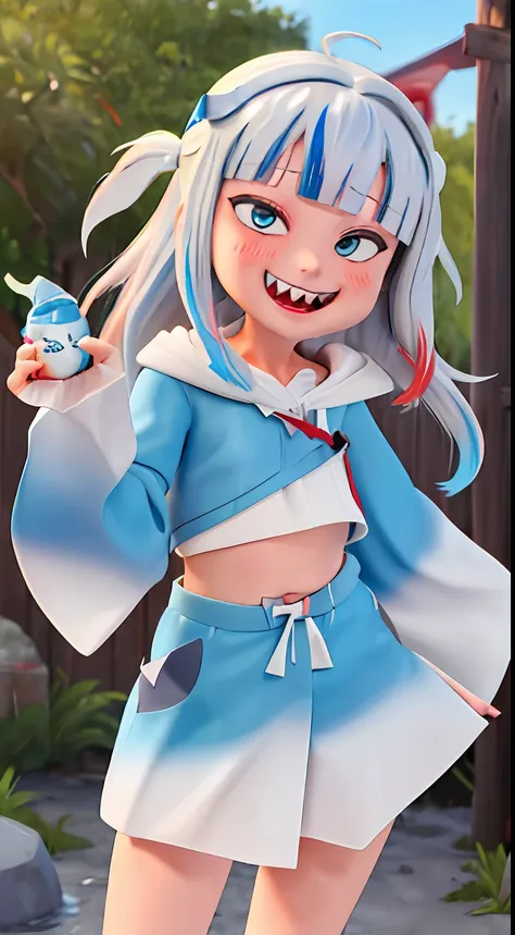 gawr gura1girl animal hood bangs blue eyes blue hair blunt bangs blush clothes lift collarbone double v fins fish tail grey hair...