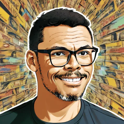 guttonerdjul23, 2d illustration of light brown-skinned man wearing glasses, seductive smile, black t-shirt, short hair, brown ey...